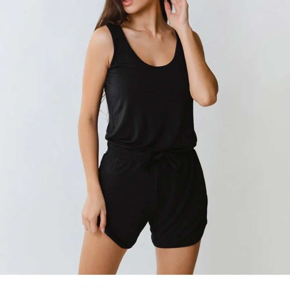Albion Fit Black Bamboo Tank Romper Sleeveless Drawstring Waist One Piece Size M